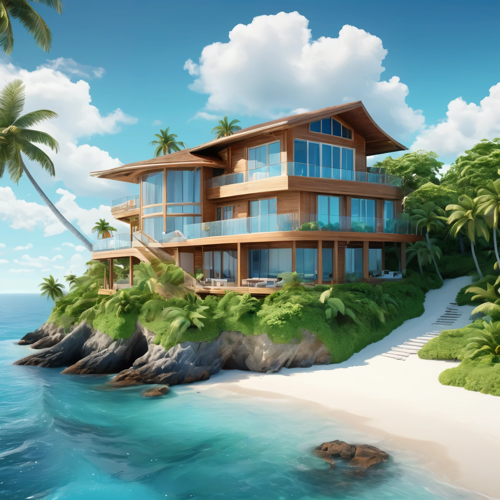 Luxurious modern beach house on a tropical island cliff, surrounded by lush green foliage and palm trees. Three-story structure with large glass windows and a brown thatched roof. Wooden walkway leading from the house to a pristine white sand beach. Turquoise ocean waters and fluffy white clouds in a teal sky. Photorealistic style with vibrant colors and sharp details. Wide-angle view capturing the entire scene from an elevated perspective.