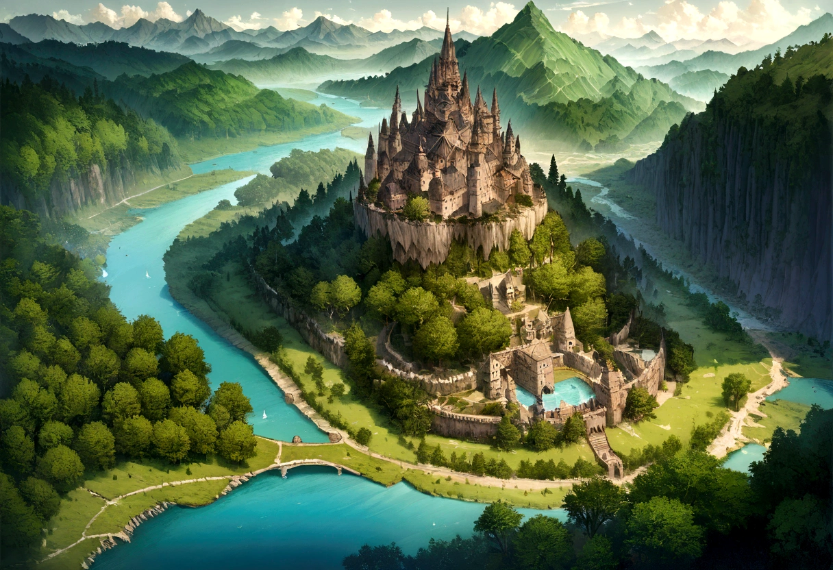 Mapa de estilo mundial Tokkien de la Tierra Media, digital painting, highly detailed, lush landscapes, mountains, forests, rivers, castles, cities, dense foliage, towering trees, epic proportions, grand scale, masterfully crafted, 8k, award-winning digital art, satelital view