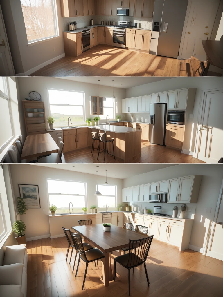 a rendering of a kitchen with a dining table and chairs, 3D rendering, 3D rendering, landscape rendering, kitchen, projeto residencial, realistic 3 d style, rendered in enscape, 3d design, 3D design, Interior design, 2D rendering, furniture concept photo!!, detailed rendering, orthographic 3D rendering, realistic concept, modern neotraditional