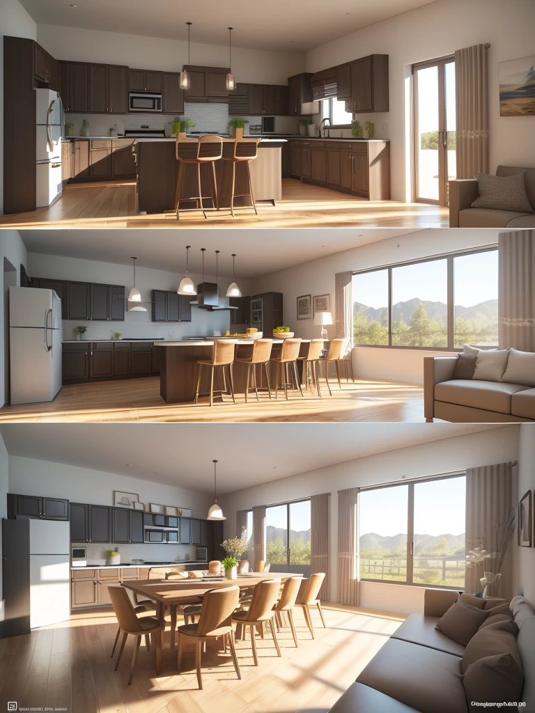 a rendering of a kitchen with a dining table and chairs, 3D rendering, 3D rendering, landscape rendering, kitchen, projeto residencial, realistic 3 d style, rendered in enscape, 3d design, 3D design, Interior design, 2D rendering, furniture concept photo!!, detailed rendering, orthographic 3D rendering, realistic concept, modern neotraditional
