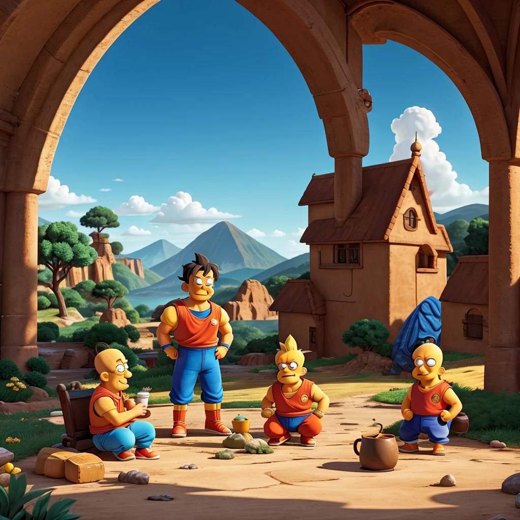 Goku and Homer Simpson on a beautiful coffee afternoon. A trinity rests, accompanied by a Beetle and a beautiful landscape. What an epic and funny moment."