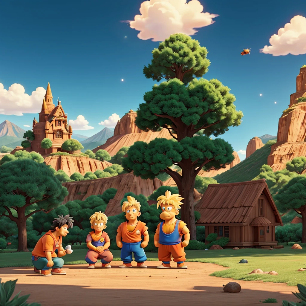 Goku and Homer Simpson on a beautiful coffee afternoon. A trinity rests, accompanied by a Beetle and a beautiful landscape. What an epic and funny moment."