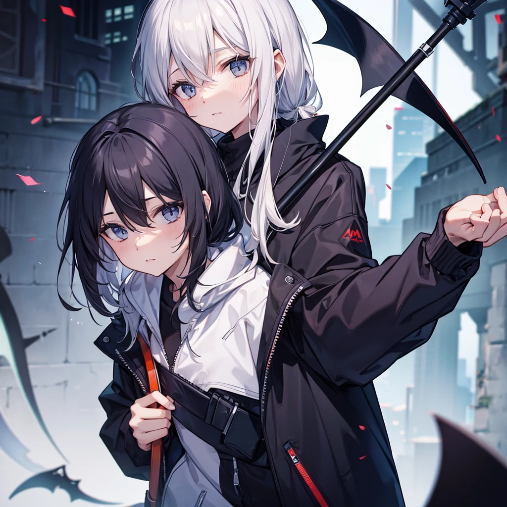 (((Grim Reaper's Scythe))) (((Gray Hair Short Hair blue eyes girl))),((night full moon My own big wings)),(Wearing a hood Black camisole Purple light), A tense look Shining Background Shining Edge