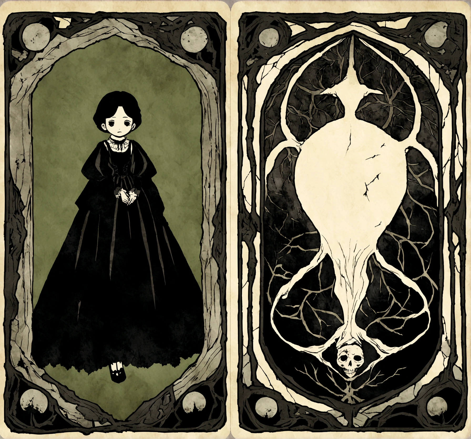 Create an illustration of a fantasy-themed tarot card that appears aged and worn. The card should be blank, with no design, but show visible signs of wear such as scratches, rips, and stains. The card should have an eerie and creepy atmosphere, with a vintage, Gothic aesthetic that evokes a sense of ancient, otherworldly magic.