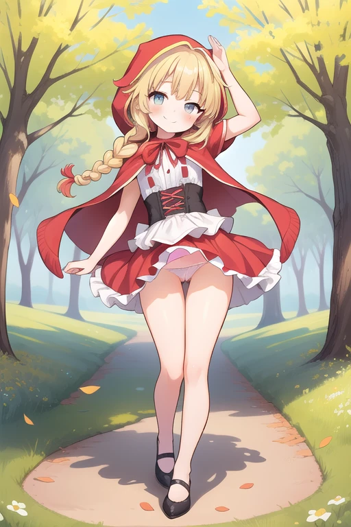 one girl, blonde, single braid, cute, happy, nice smile, young, bright sunlight, Full body image, Are standing, dance, (masterpiece:1.2), best quality, masterpiece, top quality, looking at viewer, flowers, shining eyes, blush, shining eyes, Little red riding hood, village, wind, fallen leaves, shadow, background wolf,  panties, white panties