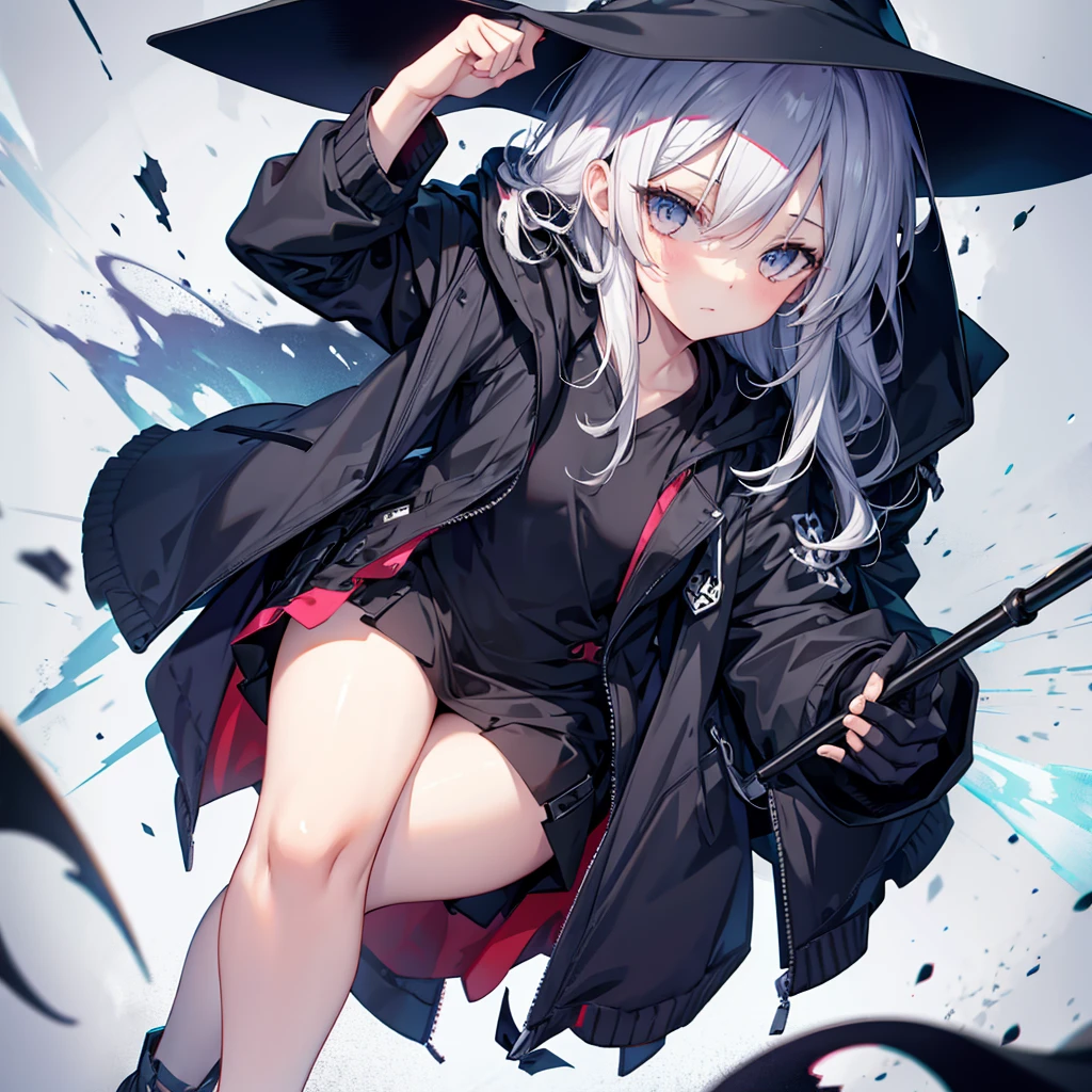 (((Grim Reaper&#39;s Scythe)))　(((Gray Hair　Short Hair　blue eyes　girl)))，((night　full moon　My own big wings))，(Wearing a hood　Black camisole　Purple light)，　A tense look　Shining Background　Shining Edge