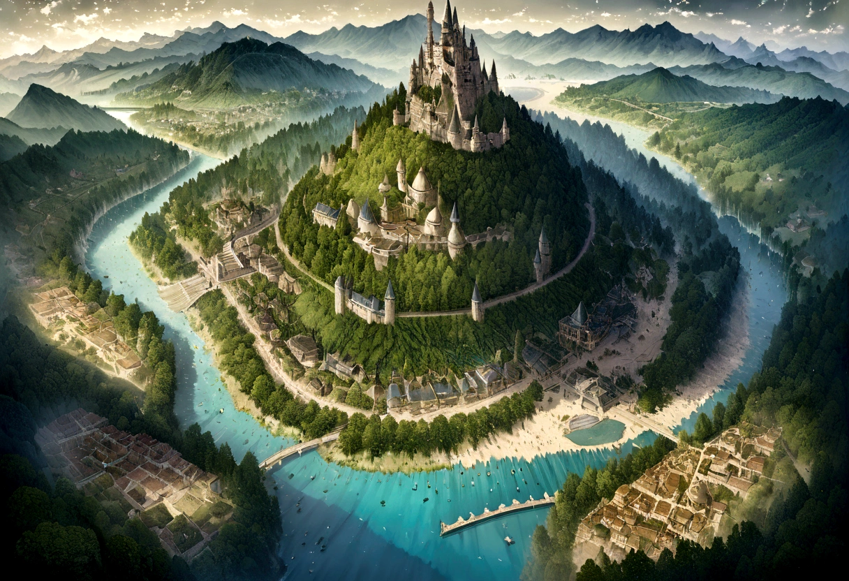 Mapa de estilo mundial Tokkien de la Tierra Media, digital painting, highly detailed, mountains, forests, rivers, castles, cities, dense foliage, towering trees, epic proportions, grand scale, masterfully crafted, 8k, award-winning digital art, satelital view