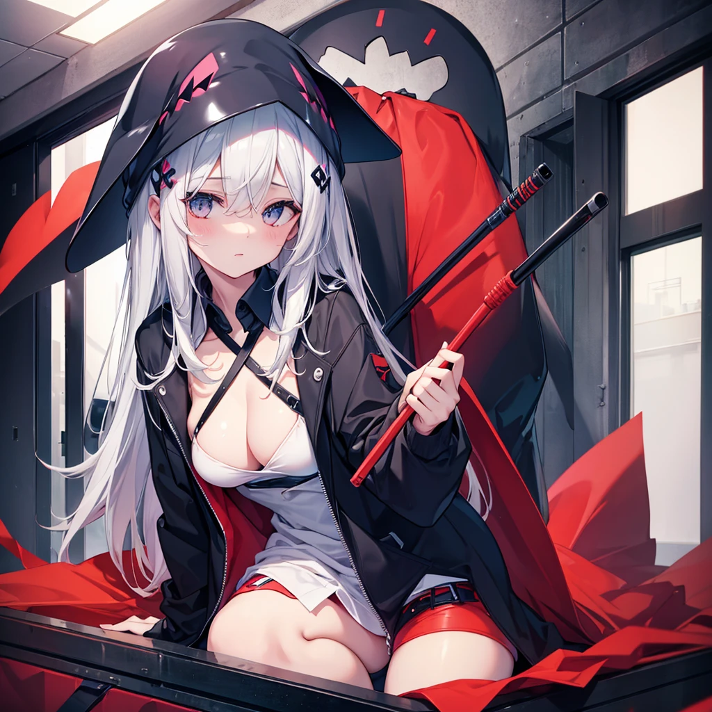 (((Grim Reaper's Scythe))) (((Gray Hair Short Hair blue eyes girl))),((night full moon My own big wings)),(Wearing a hood Black camisole Purple light), A tense look Shining Background Shining Edge