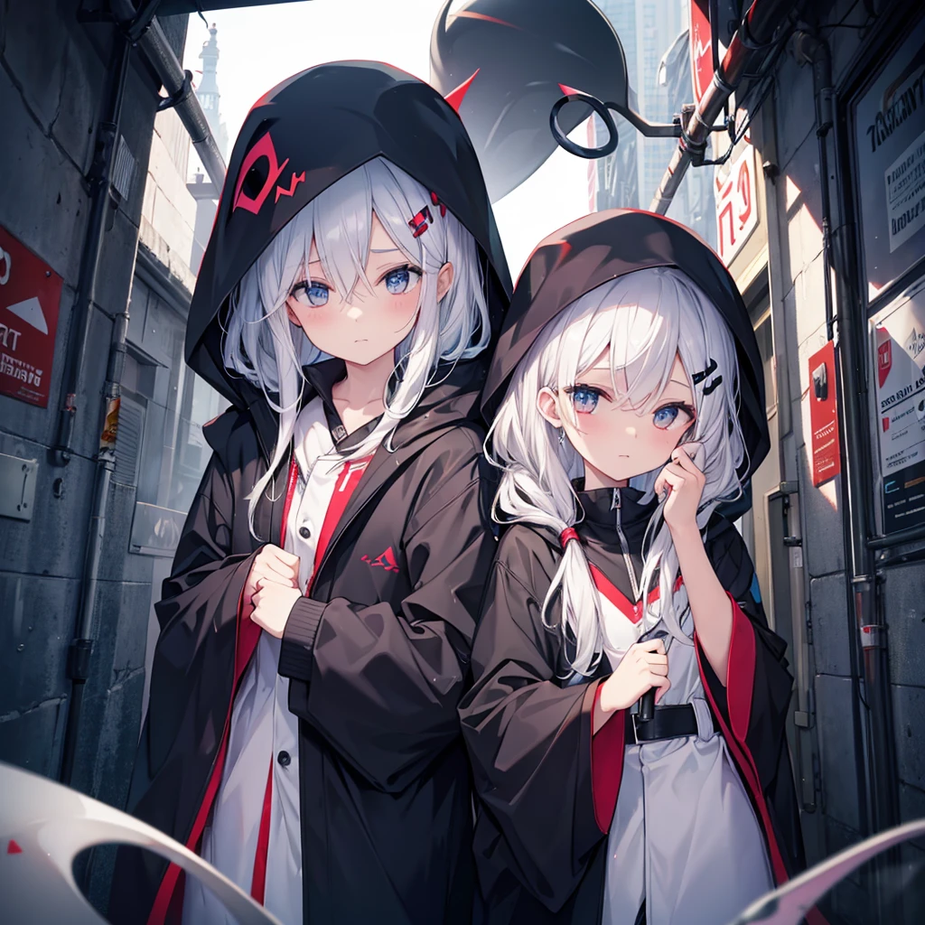 (((Grim Reaper's Scythe))) (((Gray Hair Short Hair blue eyes girl))),((night full moon My own big wings)),(Wearing a hood Black camisole Purple light), A tense look Shining Background Shining Edge