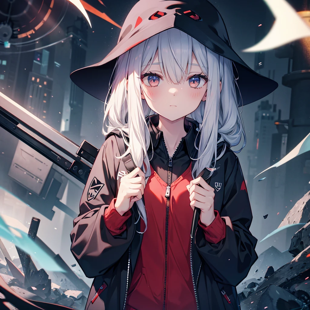 (((Grim Reaper&#39;s Scythe)))　(((Gray Hair　Short Hair　blue eyes　girl)))，((night　full moon　My own big wings))，(Wearing a hood　Black camisole　Purple light)，　A tense look　Shining Background　Shining Edge