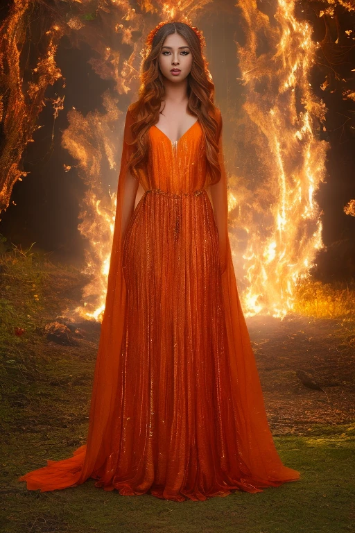 a woman in an orange dress standing in front of a tree, dress made of fire, Amazing beauty, Orange details, flowy dress, fire dress, loose orange hair, wearing a dress made of beads, orange tones, Amazing beauty, orange skin. intricate, long shiny ethereal hair, vibrant orange, ethereal yellow orange, beautiful dress dress