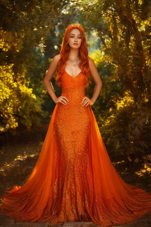 a woman in an orange dress standing in front of a tree, dress made of fire, Amazing beauty, Orange details, flowy dress, fire dress, loose orange hair, wearing a dress made of beads, orange tones, Amazing beauty, orange skin. intricate, long shiny ethereal hair, vibrant orange, ethereal yellow orange, beautiful dress dress