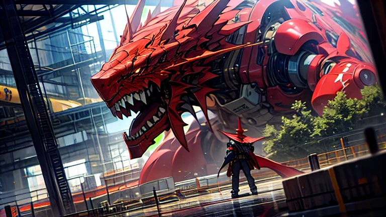 Sky, Clouds, holding_weapon, no_humans, Glow, Machine, Chinese Dragon, Architecture, glowing_eyes, Mecha, Science Fiction, Ruins, Reality, Mecha --auto