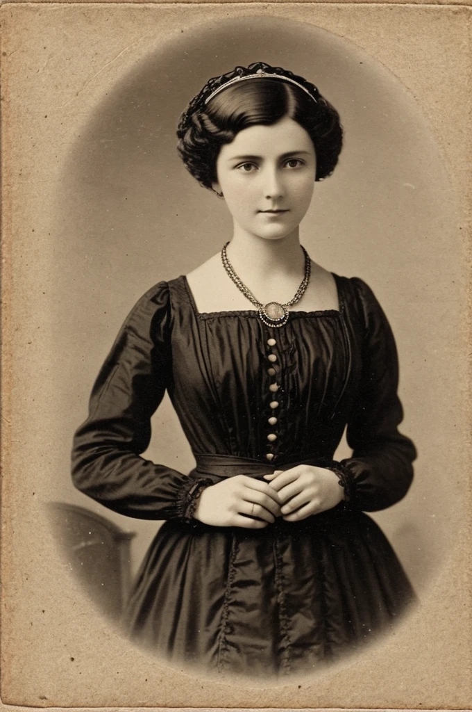 mysterious 19th century english woman, series, 28 years old beautiful short hair with dress and necklace vintage photo foreground photo