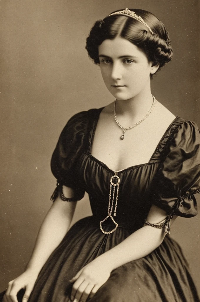 mysterious 19th century english woman, series, 28 years old beautiful short hair with dress and necklace vintage photo foreground photo