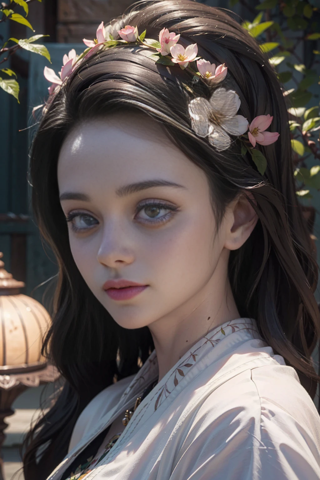 A young girl with long, dark hair, large eyes, and a delicate facial expression, wearing a traditional Turkish-inspired outfit, standing in a lush, vibrant garden setting, (best quality, 4k, 8k, highres, masterpiece:1.2), ultra-detailed, (realistic, photorealistic, photo-realistic:1.37), detailed facial features, beautiful detailed eyes, beautiful detailed lips, extremely detailed eyes and face, long eyelashes, intricate floral patterns, ornate architecture, warm lighting, vibrant colors, fantasy, cinematic, portrait