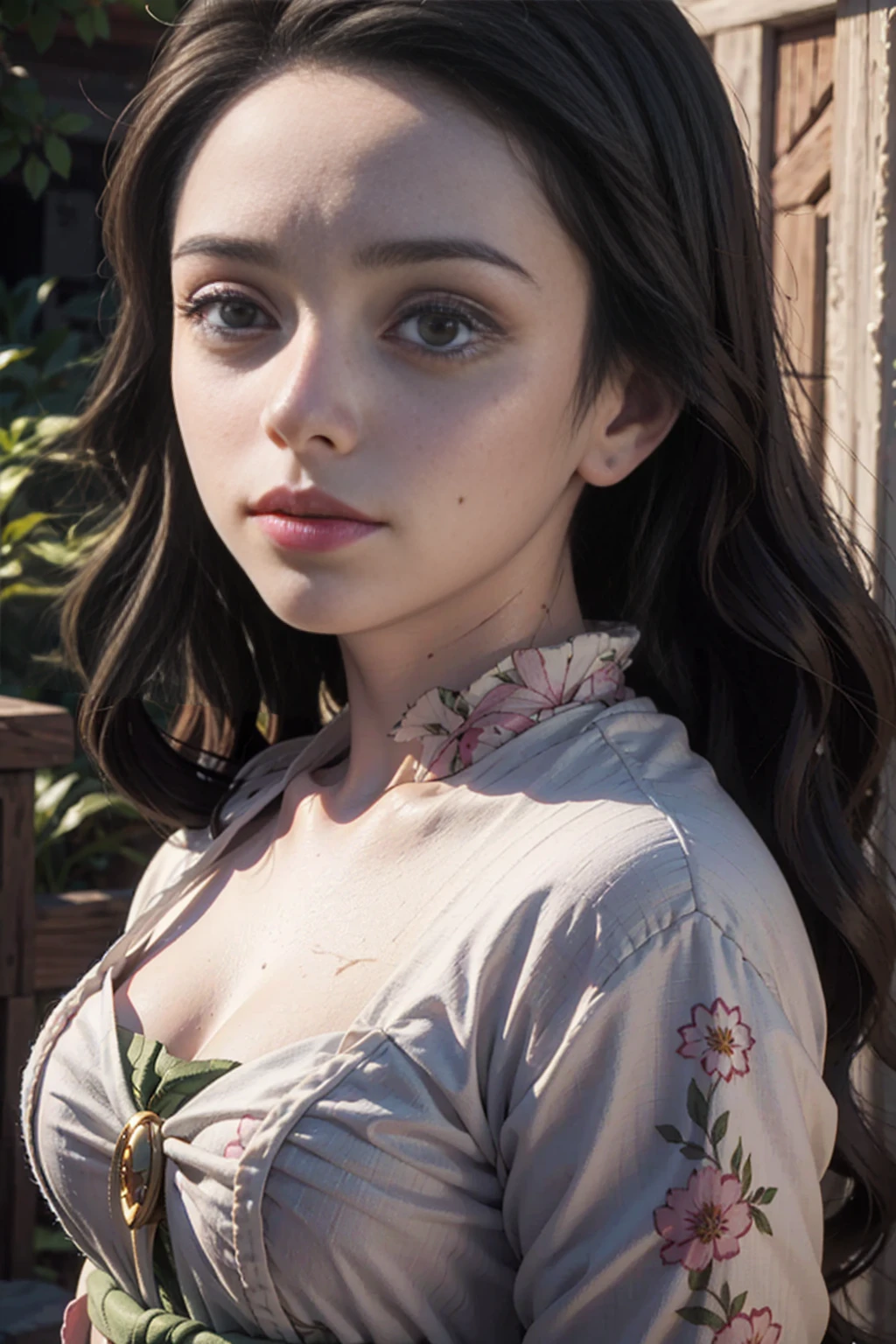 A young girl with long, dark hair, large eyes, and a delicate facial expression, wearing a traditional Turkish-inspired outfit, standing in a lush, vibrant garden setting, (best quality, 4k, 8k, highres, masterpiece:1.2), ultra-detailed, (realistic, photorealistic, photo-realistic:1.37), detailed facial features, beautiful detailed eyes, beautiful detailed lips, extremely detailed eyes and face, long eyelashes, intricate floral patterns, ornate architecture, warm lighting, vibrant colors, fantasy, cinematic, portrait