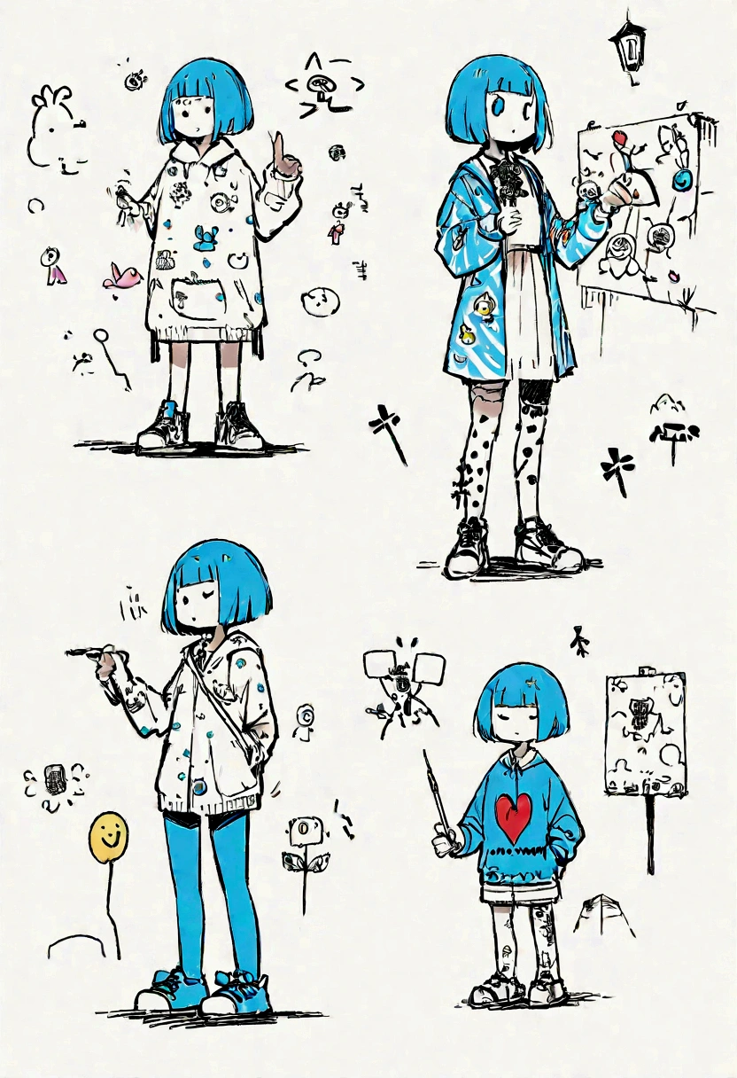 猫と一緒にcute, Standing on a quiet street,cute全画面グラフィティ アート，rain、Blue Hair、Short Bob、Rough line drawing by. Graffiti and Keith Haring, Little Blue, Stickman, like々Shii, cute, Personification, ,sketch, Sharpie illustration, MBE-Illustration, Bold Line, Grunge Beauty Style, Mixed Pattern, Installing Text and Emojis,32 thousand.