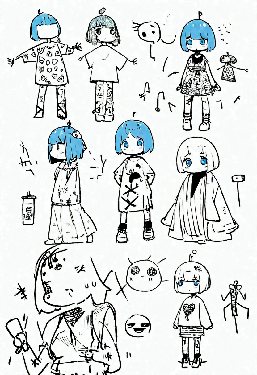 猫と一緒にcute, Standing on a quiet street,cute全画面グラフィティ アート，rain、Blue Hair、Short Bob、Rough line drawing by. Graffiti and Keith Haring, Little Blue, Stickman, like々Shii, cute, Personification, ,sketch, Sharpie illustration, MBE-Illustration, Bold Line, Grunge Beauty Style, Mixed Pattern, Installing Text and Emojis,32 thousand.