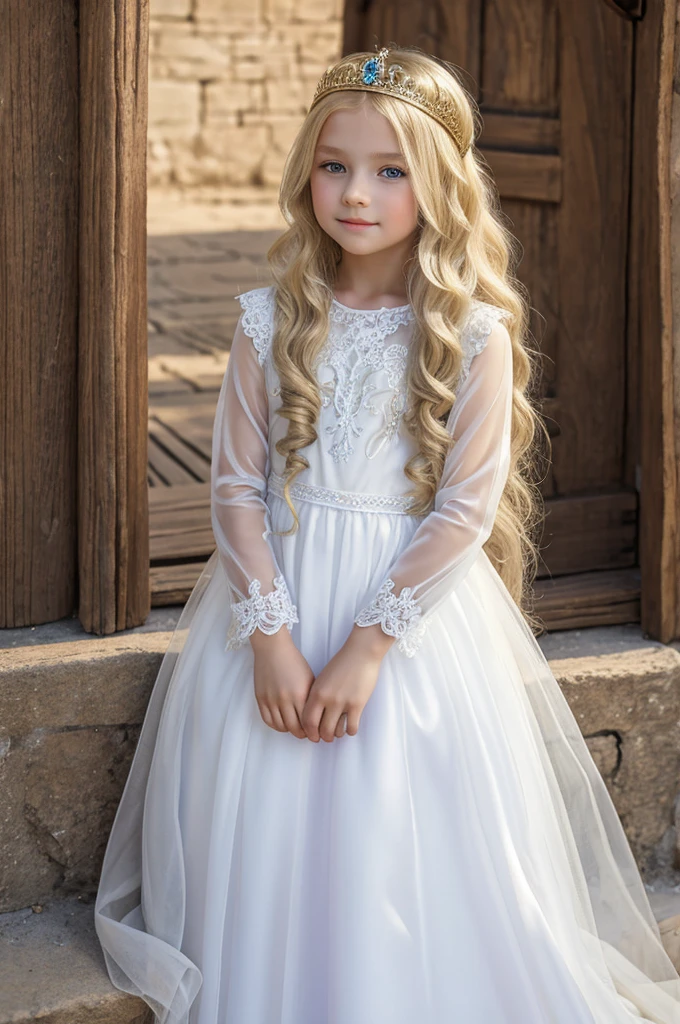 beautiful little medieval russian princess girl 9 year old, long blonde wavy hair, transparent white dress