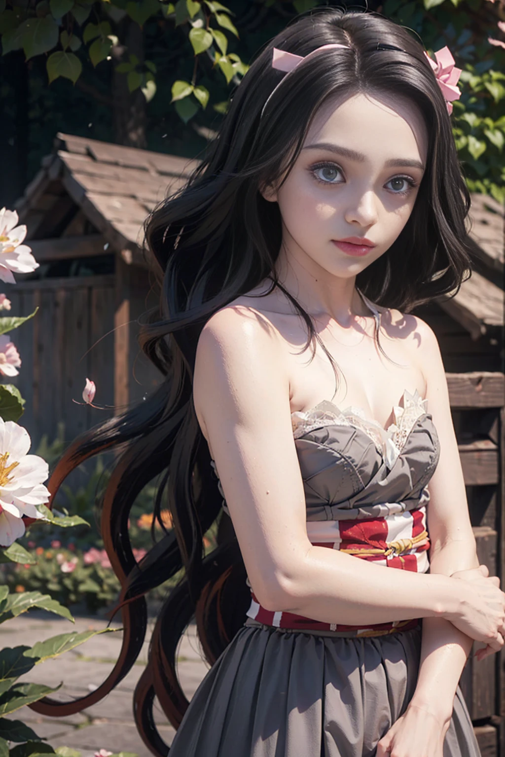(: 1.5), lace, ribbon, Hanfu, (masterpiece, side light, delicate and beautiful gray eyes: 1.2), masterpiece, realistic, glowing eyes, shiny hair, dark hair, long hair, shiny skin, solo, awkward, strapless, delicate, beautiful, garden, flowers, fluttering petals,