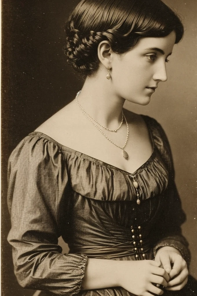 mysterious 19th century english woman, series, 28 years old beautiful short hair with dress and necklace vintage photo foreground photo