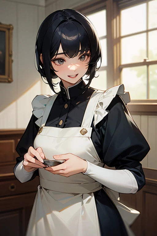 (Highest Resolution, clear_image) Highest quality, One woman, alone, masterpiece, Very detailed, Semi-realistic, Black Hairのショートヘア, Black Hair, bangs, 18-year-old, mature, light blue uniform, uniform, Indoor Background, kind, Authoritative, Powerful, exquisite features, exquisite features、Eyelashes become longer、Showing teeth、smile😀、Maid clothes、woman&#39;Fingers in the、Sleeping on the sofa、Long Hair、Fluttering in the wind、Navy blue clothes、Long Hair、I&#39;Carrying the plate、Long Hair、Laugh gently、Braiding、