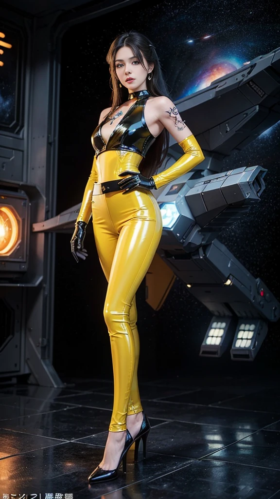 ((masterpiece:1.4)、(Highest quality:1.4)、(Realistic:1.7))、Masterpiece:1.4、(Top-notch rendering:1.4)、(Yuki, the beautiful navigator of the Space Battleship Hikari:1.4)、Super Beauty航海士Yuki、(By Luis Royo:1.4)、(A uniform that accentuates your beautiful figure:1.2)、(Futuristic sci-fi battle fashion:1.2)、(Street Style Wear)、(Tight Fit Pants)、(Shiny luxury latex:1.4)、(Luxury yellow latex:1.4)、19 years old、(Cute Tattoos:1.4)、(Wearing yellow gloves)、Cute Girl、Super Beauty、(Seductive pose)、Sharp Focus、Portrait Photography:1.4、8K、Photorealistic images:1.4、(Perfect female body:1.4)、Perfect proportions、(Standing:1.4)、(Upper body shot:1.4)、Beautiful Face、Fearless look、Beautiful Eyes、(A girl with a beautiful body and slender abdominal muscles)、(Narrow waist:1.4)、(9-body proportions beautiful girl:1.4)、(A beautiful girl with long legs and a good figure:1.4)、Beautiful feet:1.2、(Long Hair:1.2)、Heavy makeup、Eyeshadow、Glow Eye、Glow Lip、Beautiful breasts、Large Breasts:1.2、sexy ass、(Standing facing forward:1.4)、Raw photo、Red lips、Yellow high heels:1.4、choker:1.4、necklace:1.4、Earrings:1.4、1 Screen Display:1.4、Space Battleship Hikari's bridge:1.2
