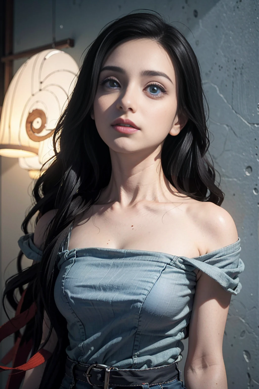 fair complexion, woman in her mid 20s, long hair, dyed dark blue hair, hair pulled into low twist ponytail, hair tied with black satin bow, blue eyes, modern setting, dark academia style clothing, serious expression, large breasts, beautiful, lithe