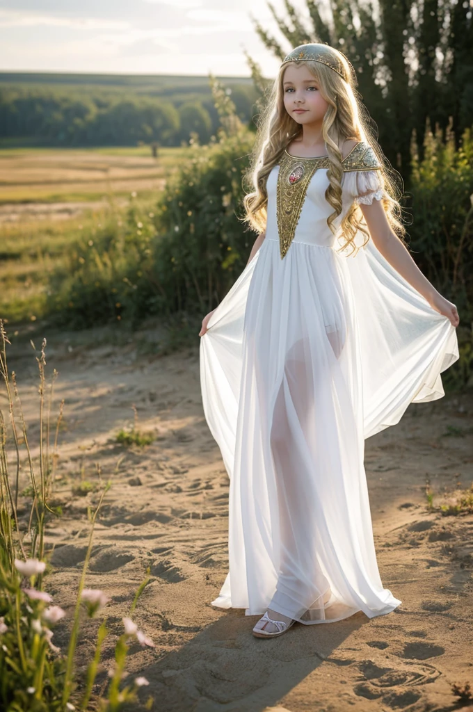 beautiful little medieval russian princess girl , long blonde wavy hair, transparent white dress, nice legs.