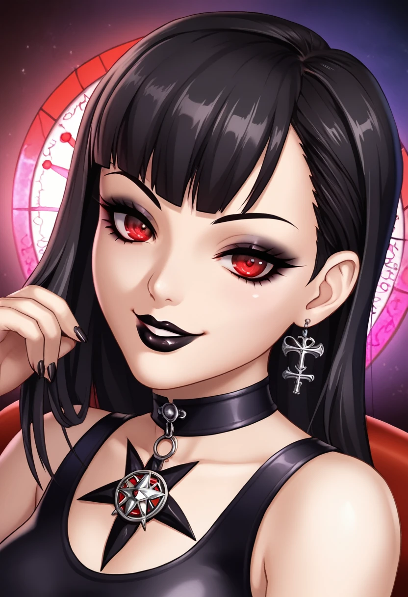 Sexy gothic girl, black hair, Shoulder length hair, red eyes, black lipstick, black nail, eyeliner, little sadistic smile, dark and deep look. Masterpiece, UHD, detailed. Into a satanic church