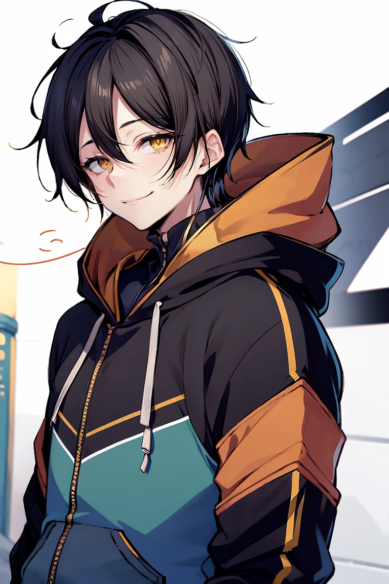 hui xiyi, rekkyou sensen, rekkyo sensen, black hair, yellow eyes, boy, male, hoodies, (blue hoodies:1.25)