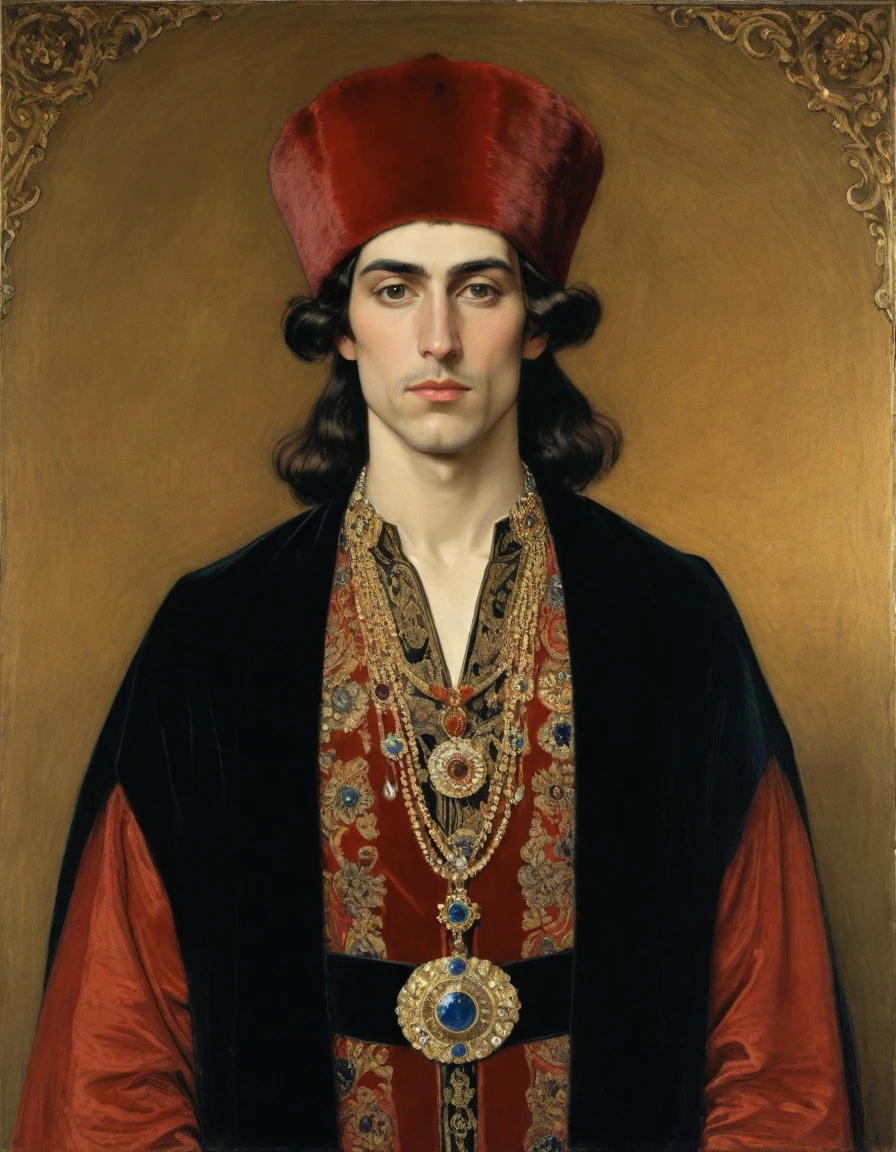 Design me a {{Colossal Masterpiece, high detail}}, a ((((Half body portrait, male focus)))), ((by Léon Bakst)), (by Moebius Jean Giraud), the composition is: a young male nobleman, arrogant, confident, facing viewer. He is wearing a fur hat. He is wearing a black Slavic caftan with Mughal elements, sashes, medals, red diamond pendant.
