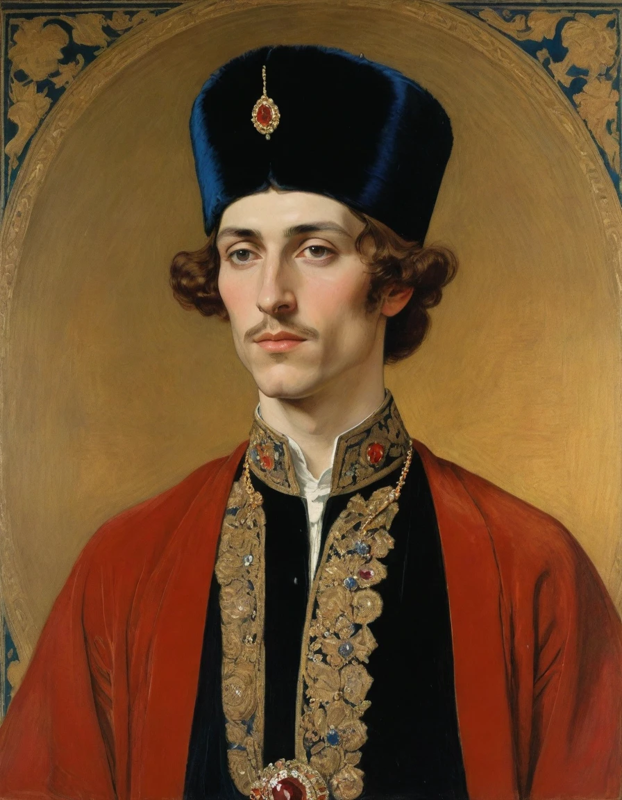 Design me a {{Colossal Masterpiece, high detail}}, a ((((Half body portrait, male focus)))), ((by Léon Bakst)), (by Moebius Jean Giraud), the composition is: a young male nobleman, arrogant, confident, facing viewer. He is wearing a fur hat. He is wearing a black Slavic caftan with Mughal elements, sashes, medals, red diamond pendant.