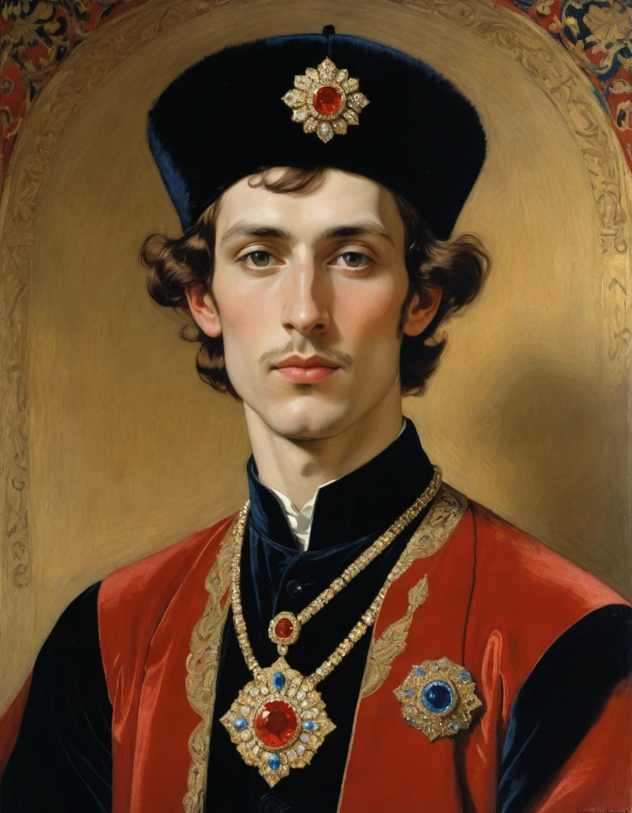 Design me a {{Colossal Masterpiece, high detail}}, a ((((Half body portrait, male focus)))), ((by Léon Bakst)), (by Moebius Jean Giraud), the composition is: a young male nobleman, arrogant, confident, facing viewer. He is wearing a fur hat. He is wearing a black Slavic caftan with Mughal elements, sashes, medals, red diamond pendant.
