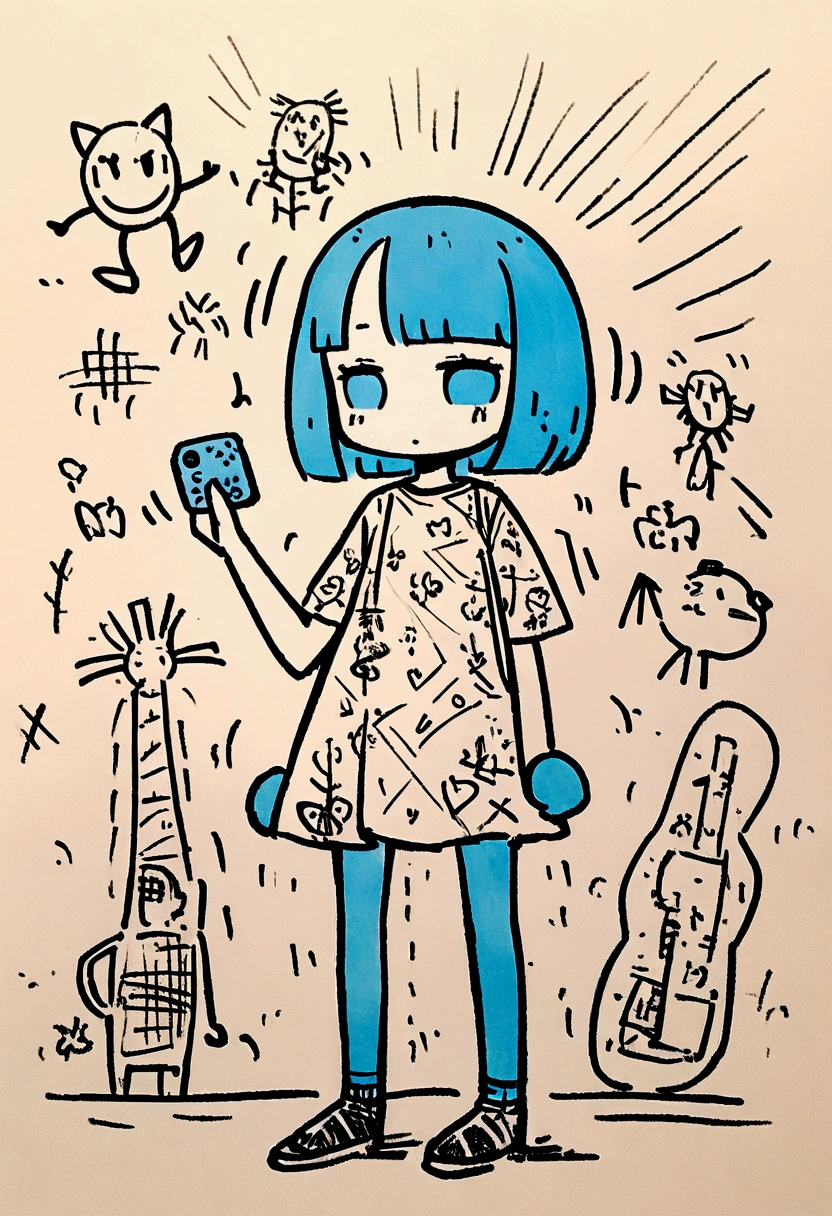 猫と一緒にcute, Standing on a quiet street,cute全画面グラフィティ アート，rain、rain、rain、Blue Hair、Short Bob、Rough line drawing by. Graffiti and Keith Haring, Little Blue, Stickman, like々Shii, cute, Personification, ,sketch, Sharpie illustration, MBE-Illustration, Bold Line, Grunge Beauty Style, Mixed Pattern, Installing Text and Emojis,32 thousand.