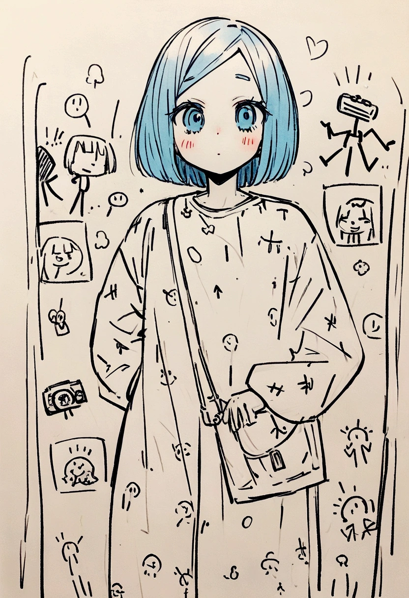 猫と一緒にcute, Standing on a quiet street,cute全画面グラフィティ アート,rain、rain、rain、Blue Hair、Short Bob、Rough line drawing by. Graffiti and Keith Haring, Little Blue, Stickman, like々Shii, cute, Personification, ,sketch, Sharpie illustration, MBE-Illustration, Bold Line, Grunge Beauty Style, Mixed Pattern, Installing Text and Emojis,32 thousand.