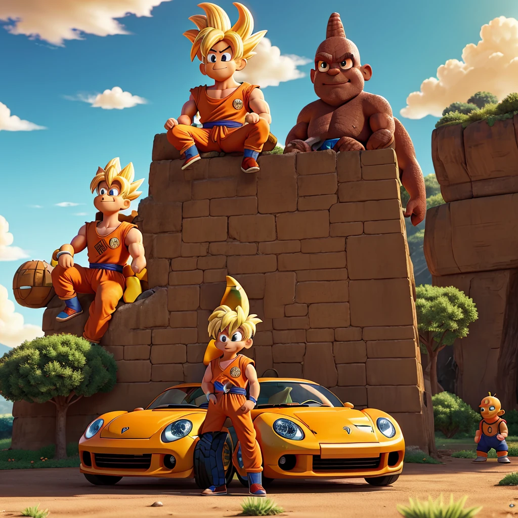 Goku dragon ball z and Homer Simpson on a beautiful coffee afternoon. A trinity rests, accompanied by a Beetle and a beautiful landscape. What an epic and funny moment."
Car behind them with headlight on sun sunny day fun