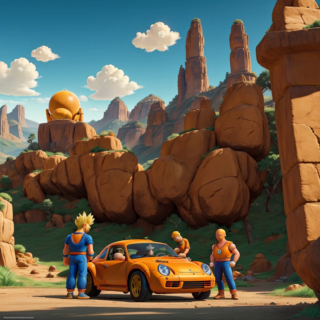 Goku dragon ball z and Homer Simpson on a beautiful coffee afternoon. A trinity rests, accompanied by a Beetle and a beautiful landscape. What an epic and funny moment."
Car behind them with headlight on sun sunny day fun