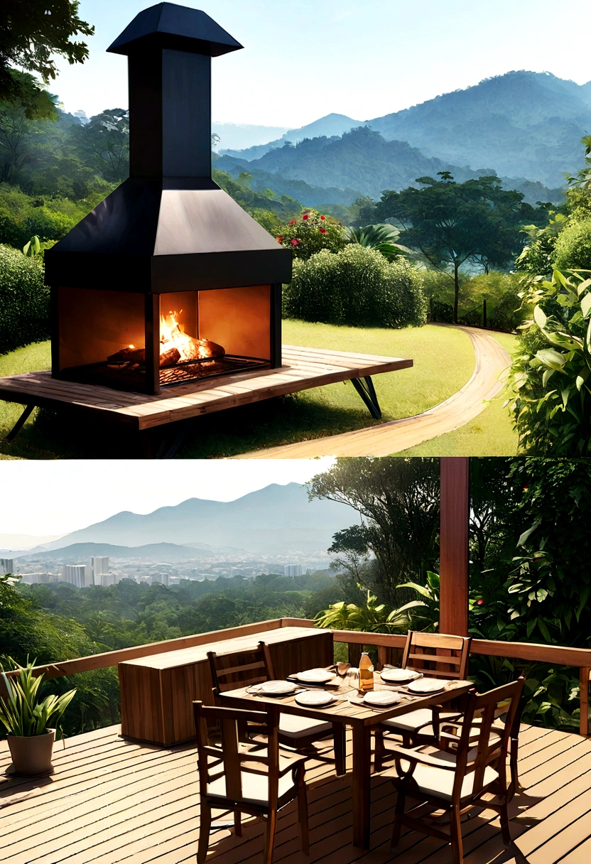 create a modern a-frame style cabin in Sitio Bela Vista located in Joanópolis, São Paulo, on a sloping plot, with views of the mountains, wooden deck with external furniture, external fireplace, barbecue, realistic