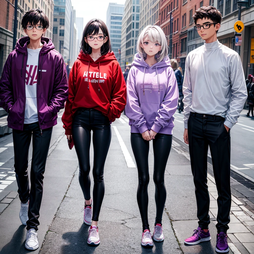 A young man and two 16-year-old girls taking a photo at the university, The young man with a winter hoodie, sweatshirt and shoes, the middle one, glasses, white button-down shirt and tight black pants, and the third one dressed fashionably in red and purple black colors.