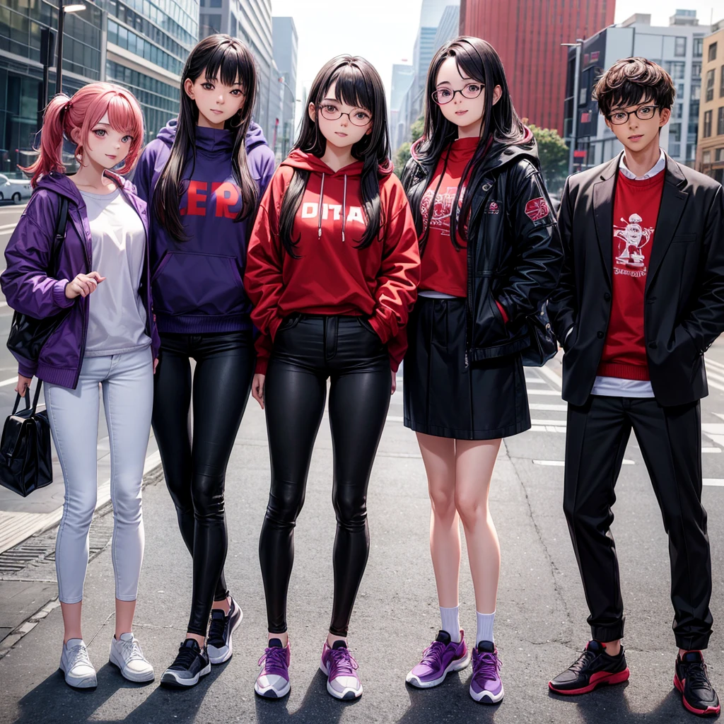 A young man and two 16-year-old girls taking a photo at the university, The young man with a winter hoodie, sweatshirt and shoes, the middle one, glasses, white button-down shirt and tight black pants, and the third one dressed fashionably in red and purple black colors.