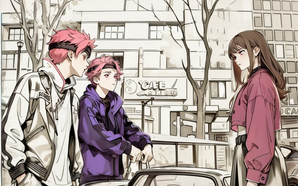 There are two 16-year-old men with pink eyes, pink hair, they have a black TV band on their heads, they are looking at a pretty 16-year-old girl from Cablello Cafe.