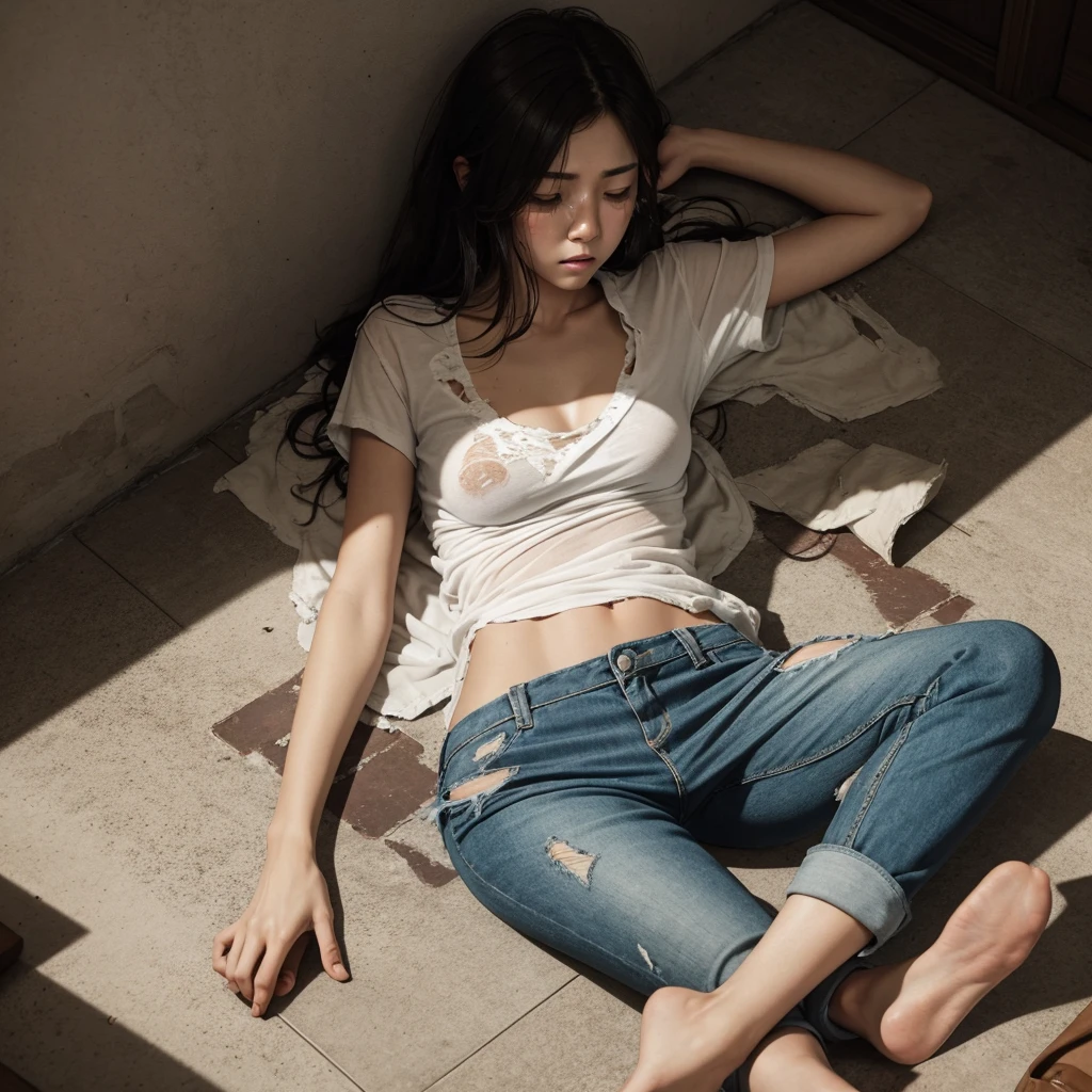 Early twenties woman, laying on floor in the corner, crying, bruised face and body, torn shirt and pants