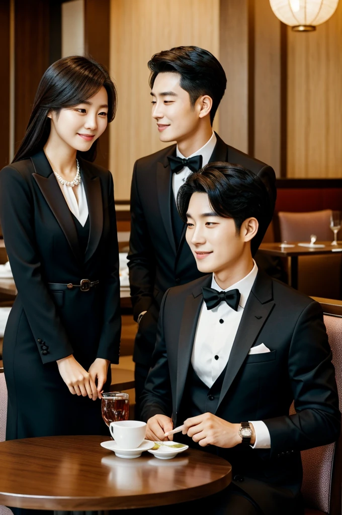 Korean couple on a date at a restaurant table, The man is dressed in a suit and the woman is dressed in a black dress.