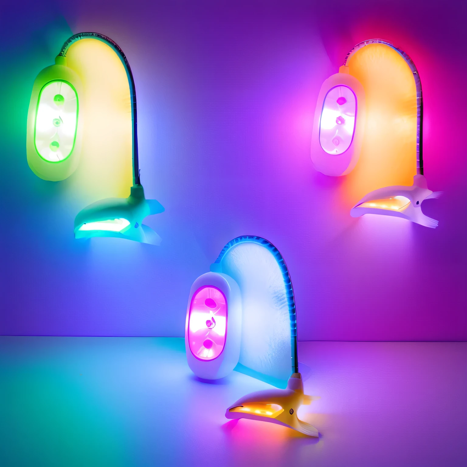 three different colored lights are shown on a white background, led, various colors, multiple colors, high light, led light, uplit, led lamps, 3 colour, clamp shell lighting, rgb, product photo, leds, well lit, vista view, 3 colours, high qualit, lamp ( ( ( fish tank ) ) ) ), pink and blue lighting