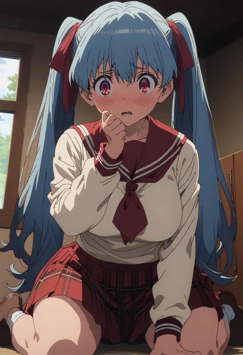 cel-shaded, 1990s anime, detailed, high quality, atmospheric, masterpiece, best quality, very aesthetic, absurdres, anime screencap, miku. 1girl, solo, (red eyes:1.5), detailed eyes, blue hair, twintails, long twintails, hair ribbons, (red miniskirt:1.5), plaid miniskirt, (white shirt:1.5), (school uniform:1.5), panties, indoors, curvy body, big breasts, blush, surprised, cowboy shot, (wariza:1.5), from below