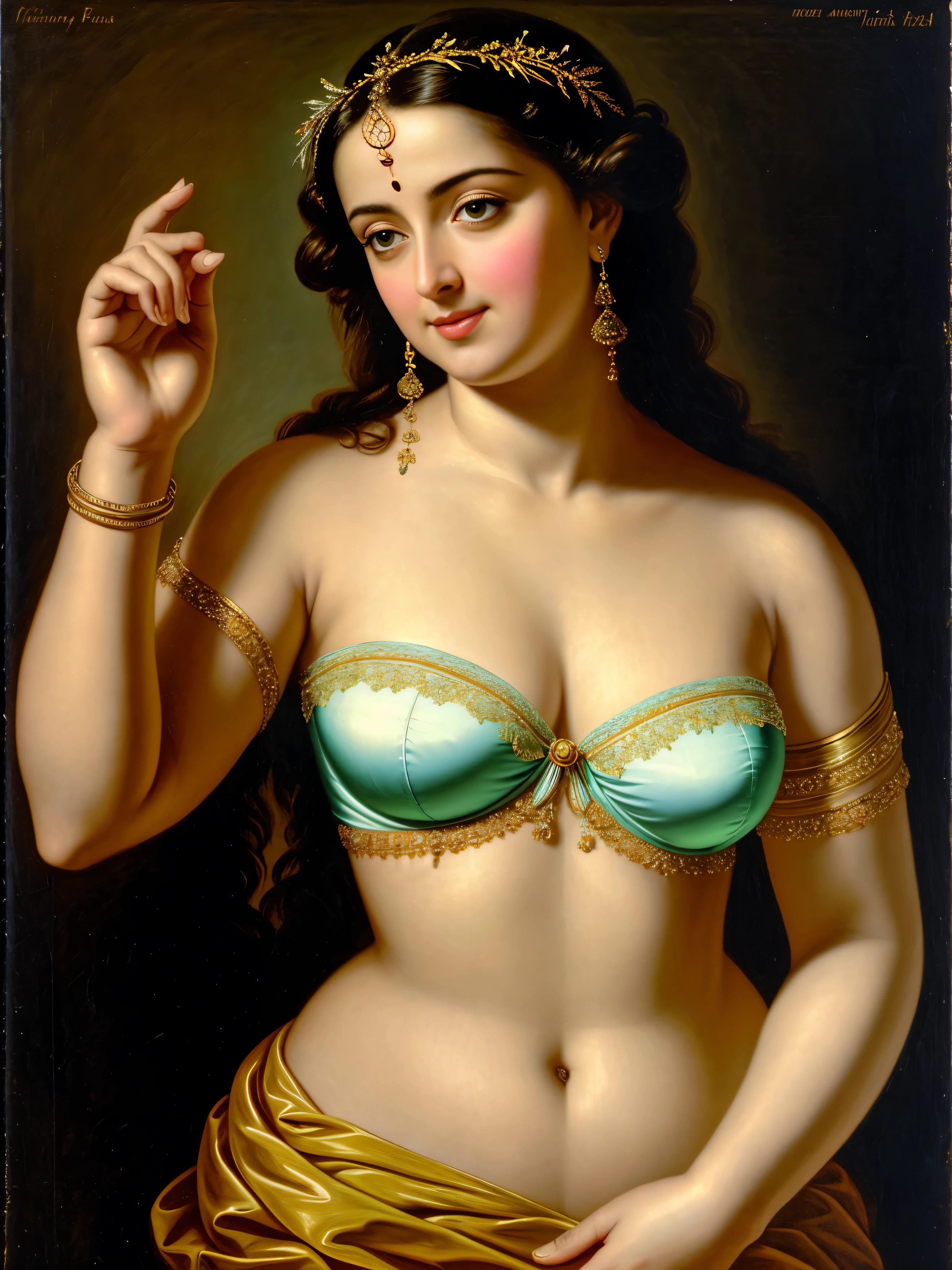 Looks like Anushka Shetty, thick figure, heavy physique, Masterpiece, Best quality, high clarity eyes, critically flawless,sharp picture, Full portrait, High pixels, perfect face, perfect eyes, beautiful face, perfect hands,perfect fingers, in Peter Paul Rubens style, by Peter Paul Rubens, baroque style, acrylic on canvas, highly detailed, description: "Create a nymph inspired by the tales of Greek or Roman mythology, embodying the essence of a natural element or location, and possessing a unique ability or trait that sets her apart.", strapless Bra of ancient times, strapless bralette, armpits showing, 