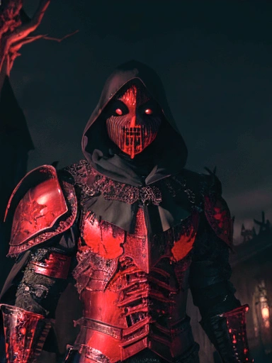 (extremely detailed 8k wallpaper), a medium shot photo of scary Grim dressed as a bloody masked vampire in an armour made of red glowing wires from marvel, theme, intricate, high detail, dramatic, old scary building with a leaves in the background