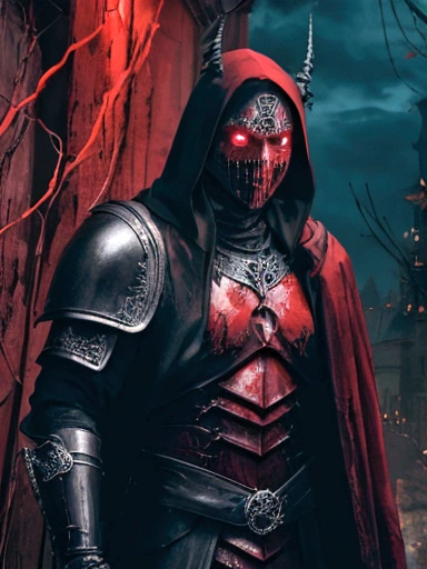 (extremely detailed 8k wallpaper), a medium shot photo of scary Grim dressed as a bloody masked vampire in an armour made of red glowing wires from marvel, theme, intricate, high detail, dramatic, old scary building with a leaves in the background
